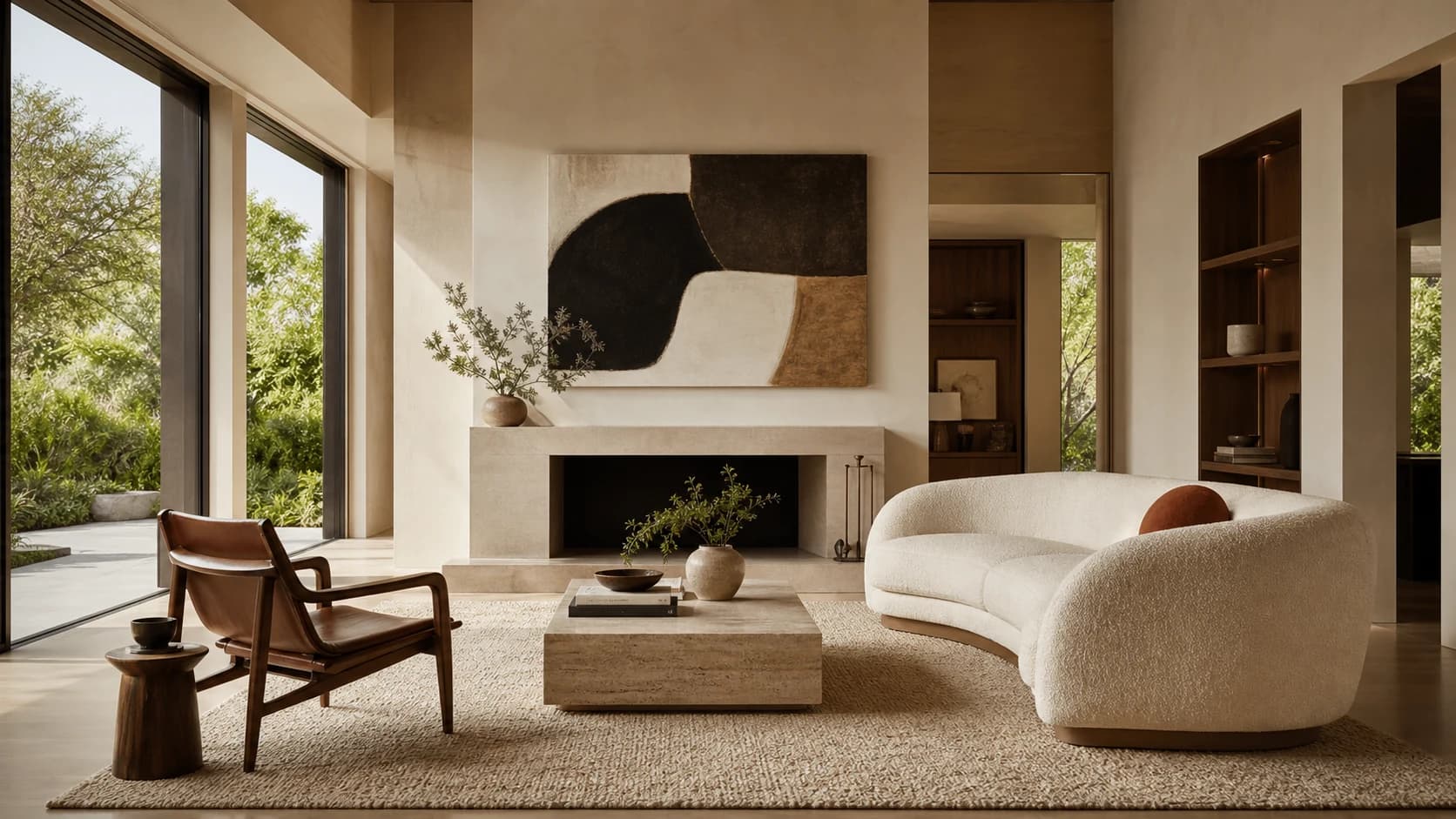 Quiet luxury living room with warm stone, walnut, and sculptural seating