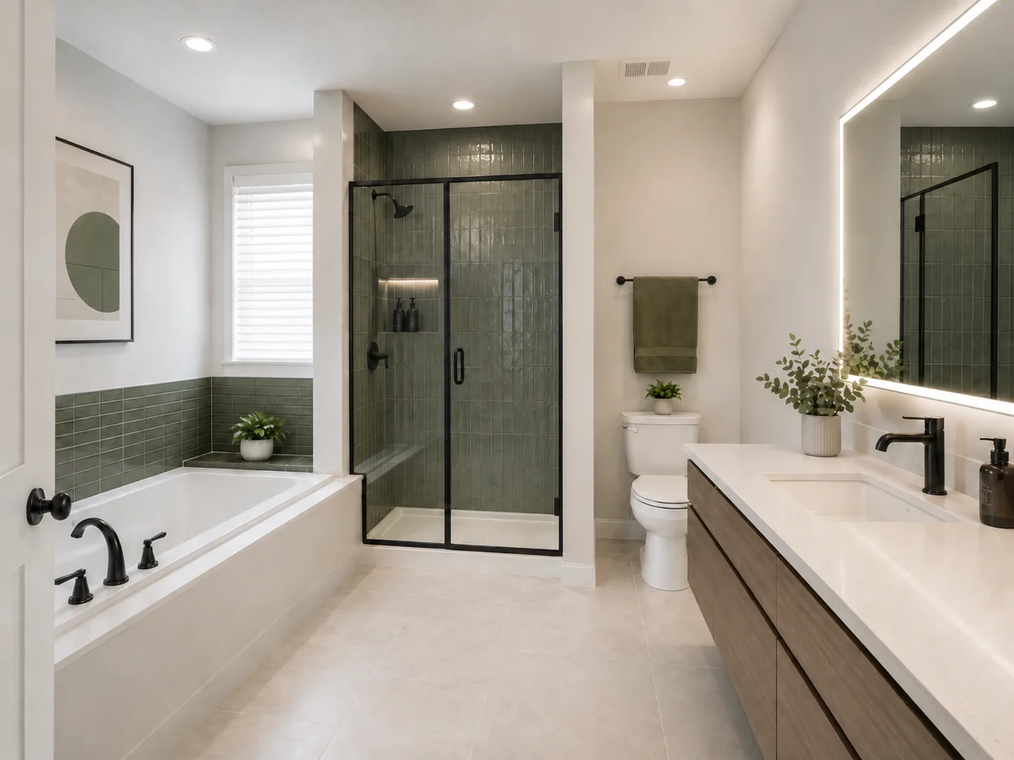 AI visualization of an olive modern bathroom