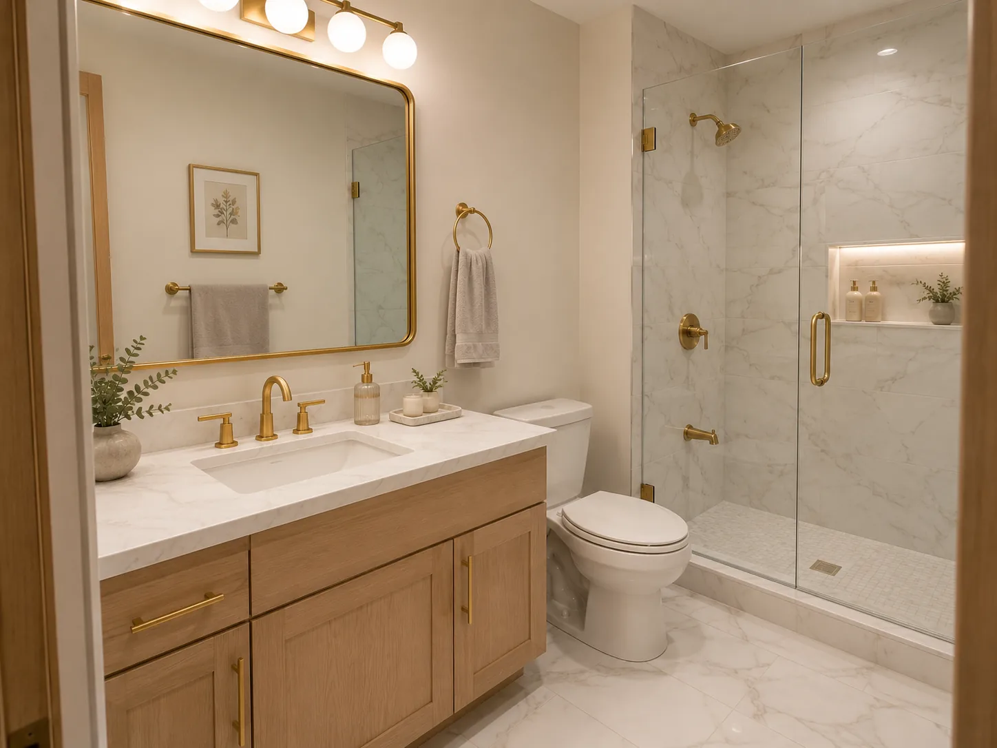 AI visualization of a warm marble bathroom remodel
