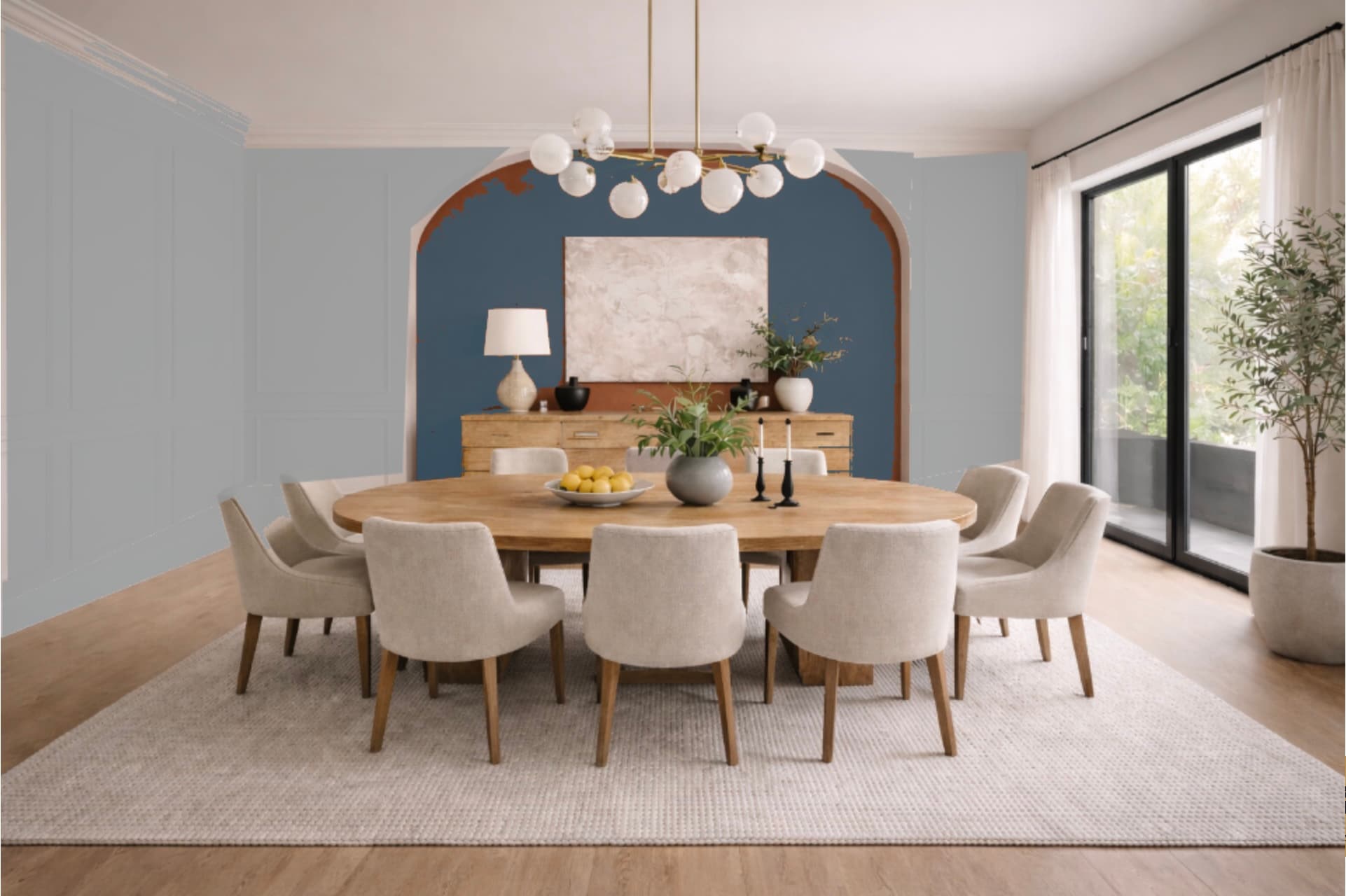 Traditional paint visualizer bleeding color across trim, archways, and room details