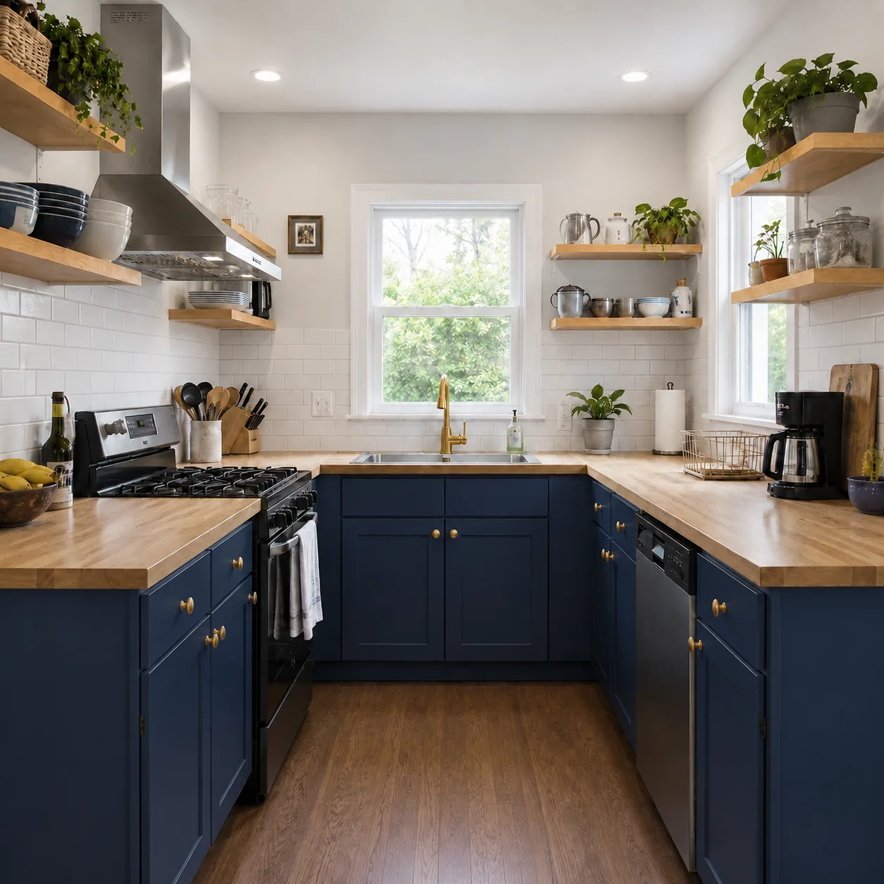 Kitchen visualization with navy cabinets, oak shelving, gold accents, and preserved flooring