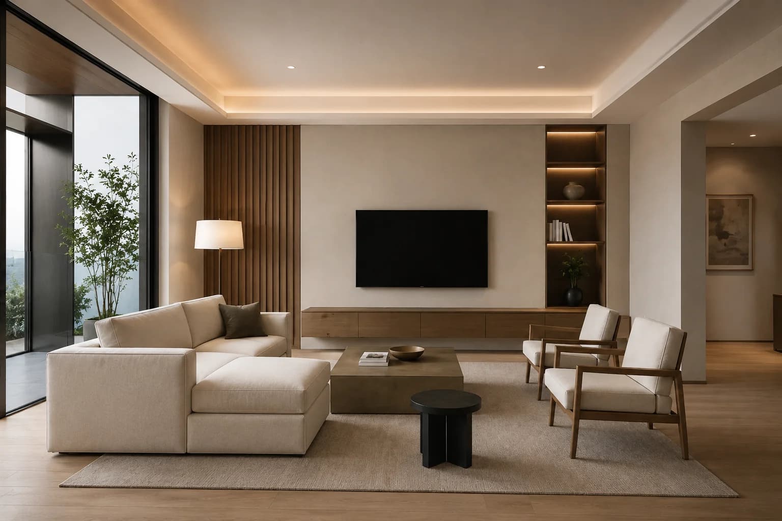 Photorealistic AI interior design render of a living room
