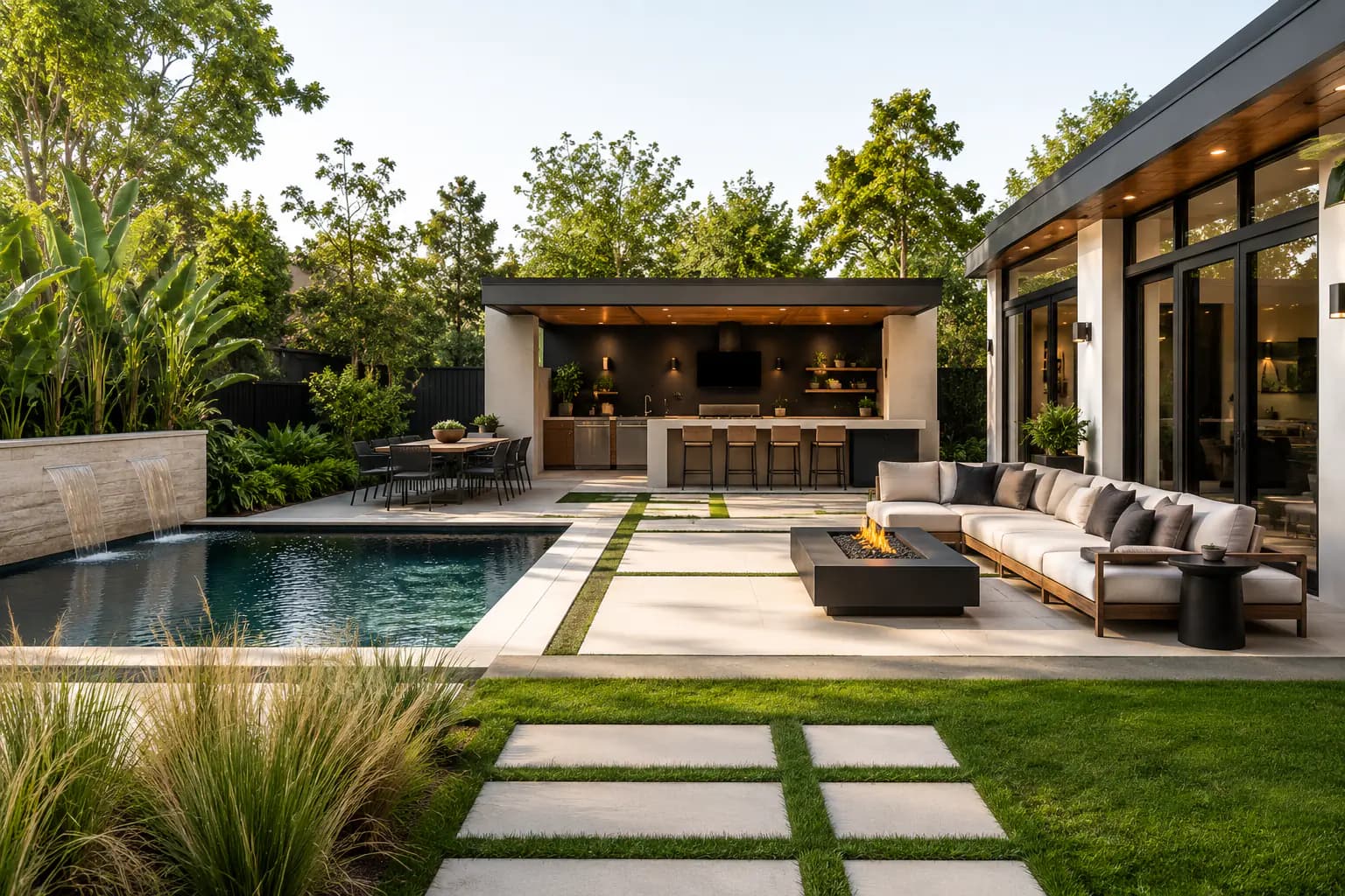 Finished backyard AI landscape preview with pool, outdoor kitchen, firepit lounge, planting, and patio materials