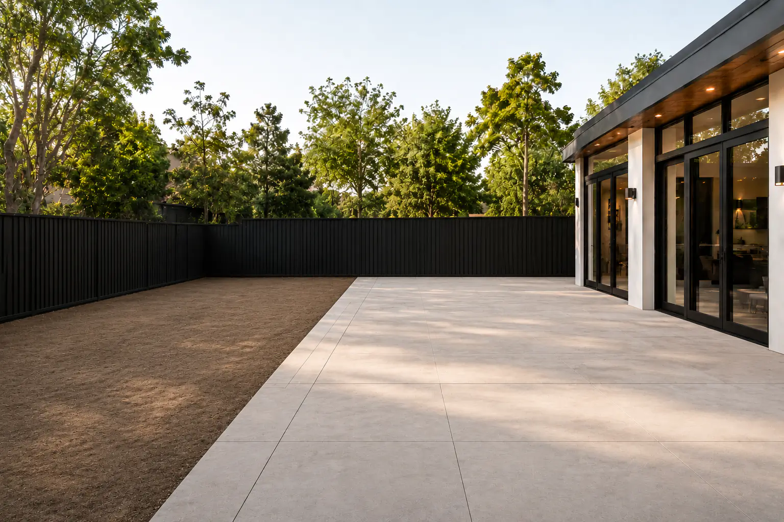Empty backyard patio and soil area before AI landscape product visualization