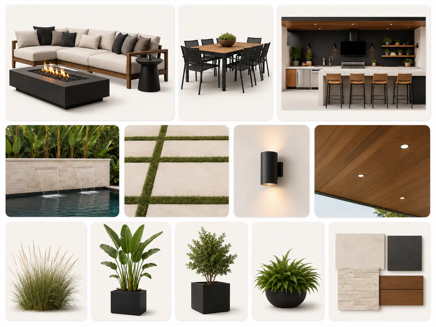 Outdoor furniture, pool, plants, lighting, hardscape, and material selections for an AI landscape design